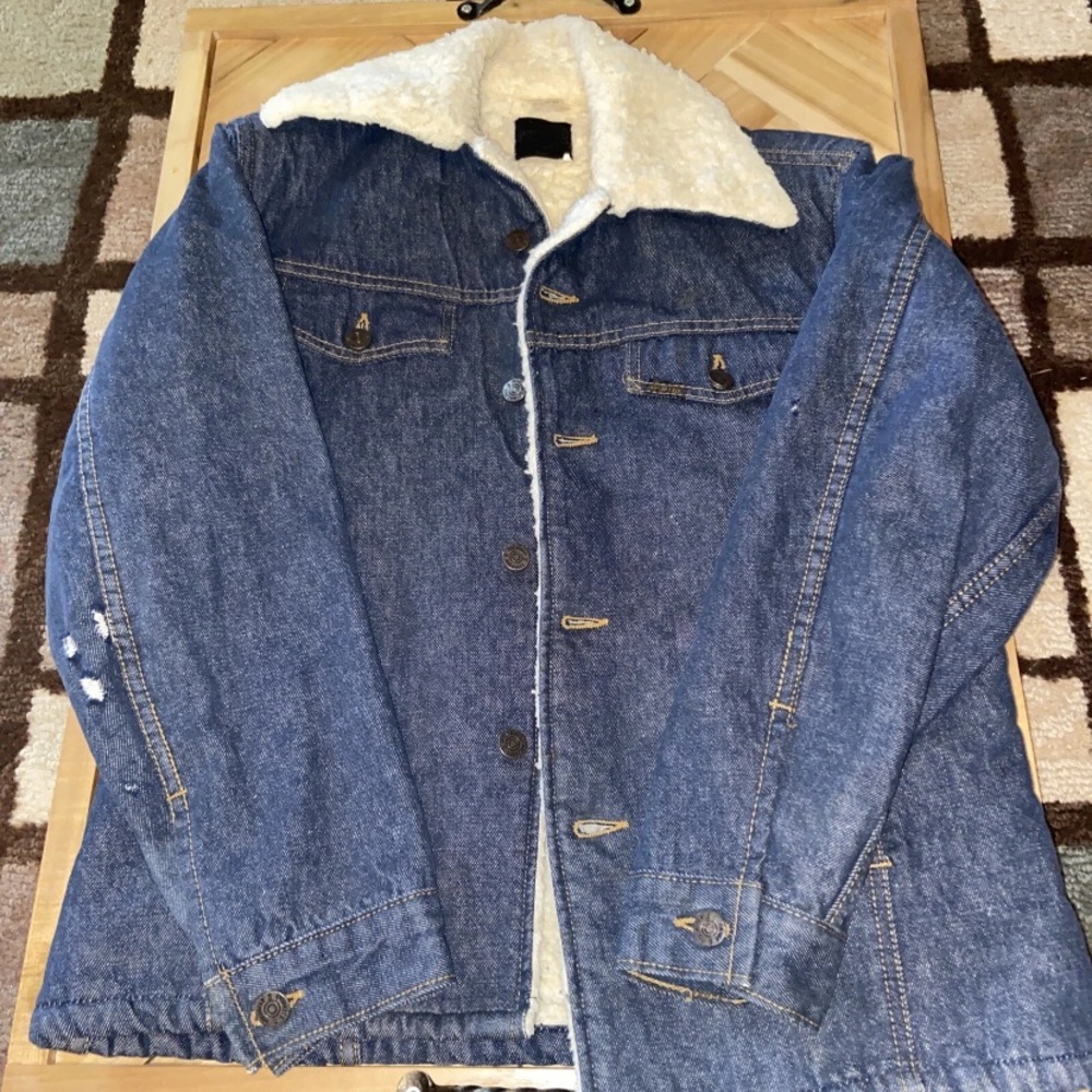 Vintage Sears Roebucks Denim Trucker Jacket Mens 38- R Sherpa Lined Fur 60s 70s